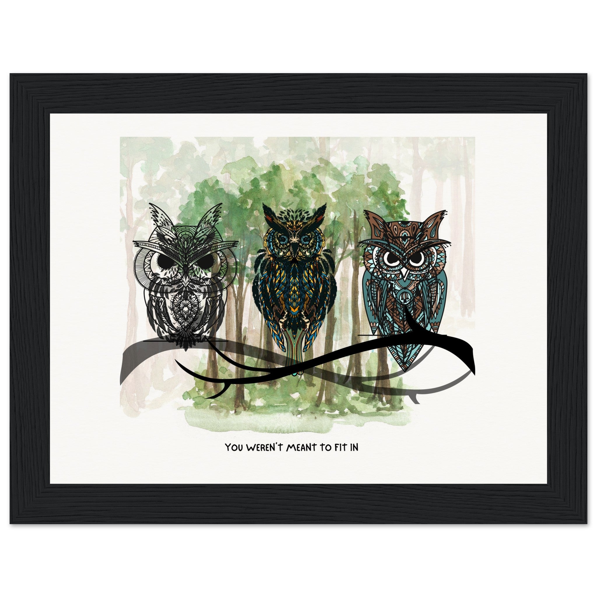 Three unique Owls  in a forest sitting on branches